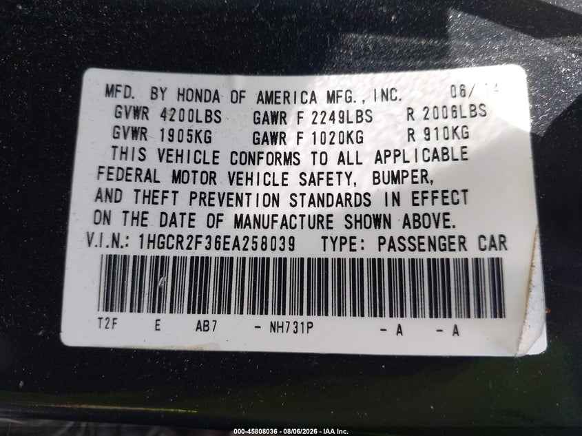2014 HONDA ACCORD SEDAN 2.4L I-4 DI, DOHC, VVT, 185HP