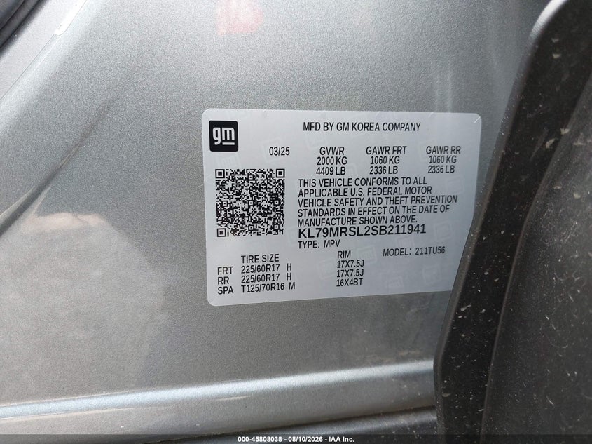 CHEVROLET TRAILBLAZER 2025 VIN KL79MRSL2SB211941
