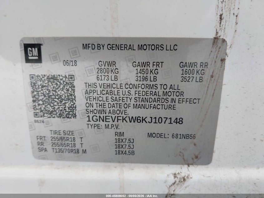 CHEVROLET TRAVERSE 2019 VIN 1GNEVFKW6KJ107148