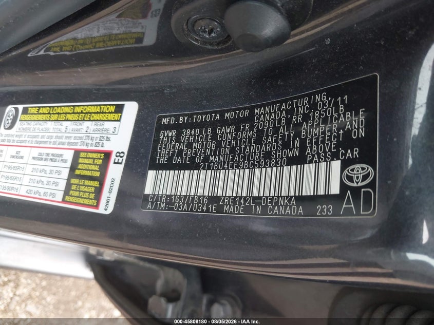 2011 TOYOTA COROLLA SEDAN 1.8L I-4 DOHC, VVT, 132HP