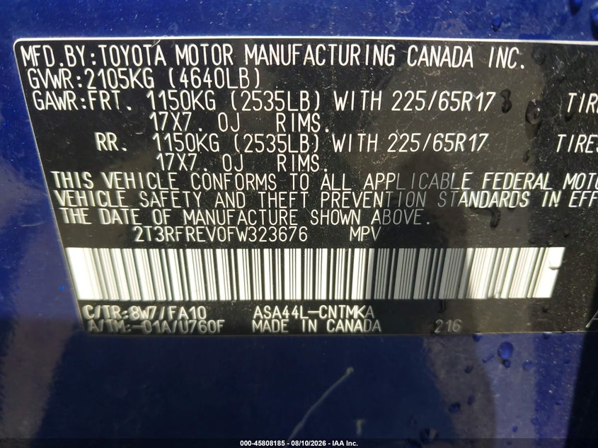 2015 TOYOTA RAV 4 SPORT UTILITY VEHICLE 2.5L I-4 DOHC, VVT, 176HP