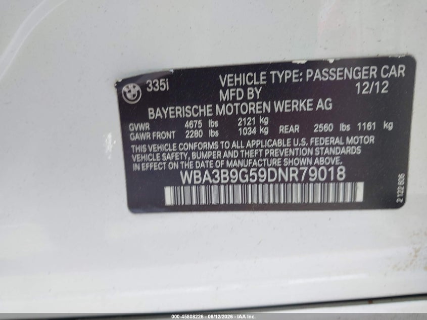 2013 BMW 3ER SEDAN 3.0L I-6 DI, DOHC, VVT, TURBO, 300HP