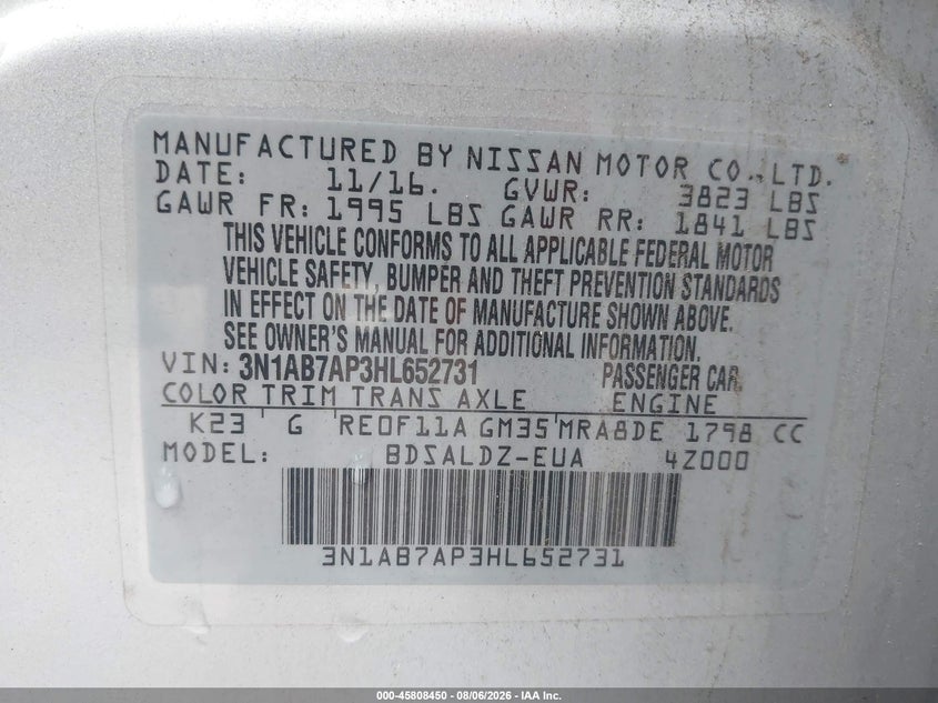 NISSAN SENTRA 2017 VIN 3N1AB7AP3HL652731