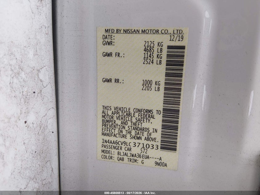 NISSAN MAXIMA 2020 VIN 1N4AA6CV9LC371033