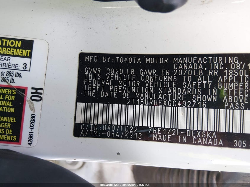 TOYOTA COROLLA 2016 VIN 2T1BURHEXGC492716