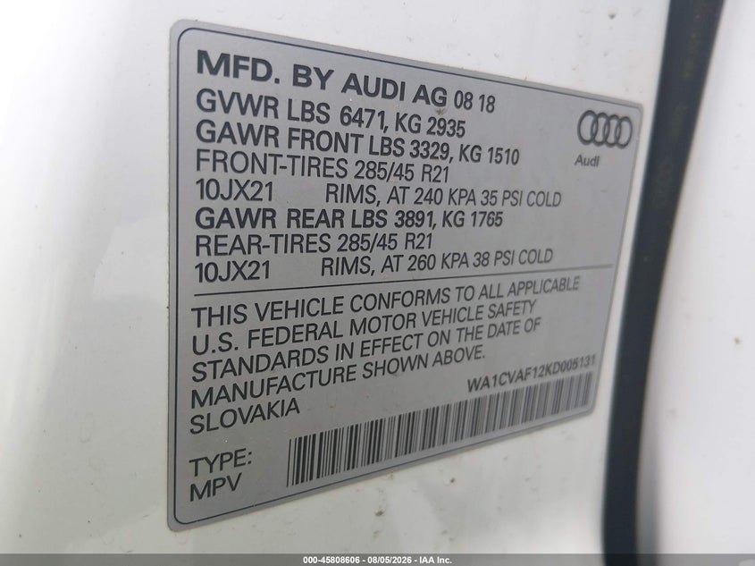 AUDI Q8 2019 VIN WA1CVAF12KD005131