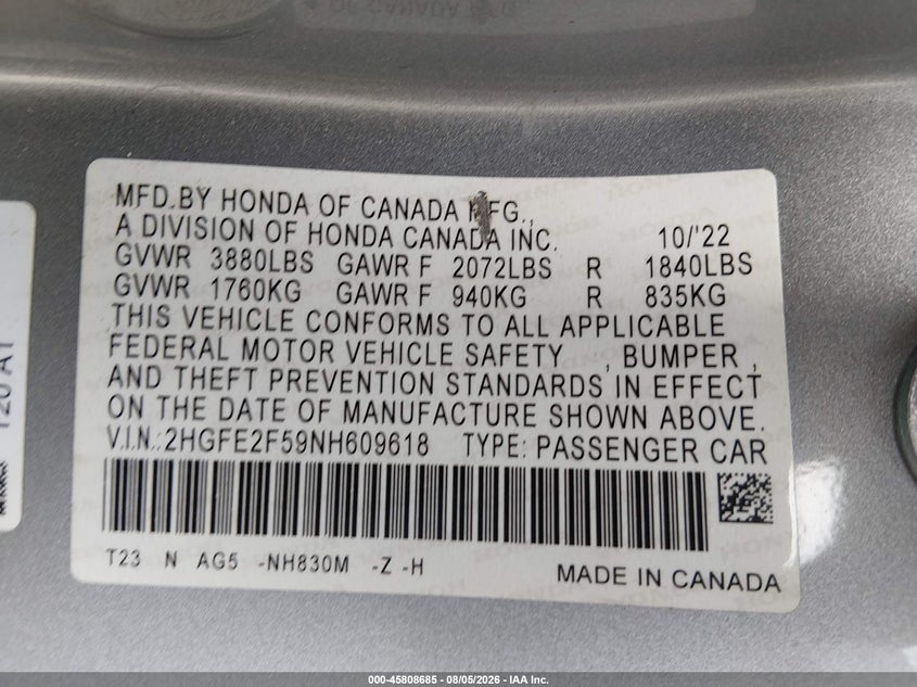2022 HONDA CIVIC(VIN: 2HGFE2F59NH609618