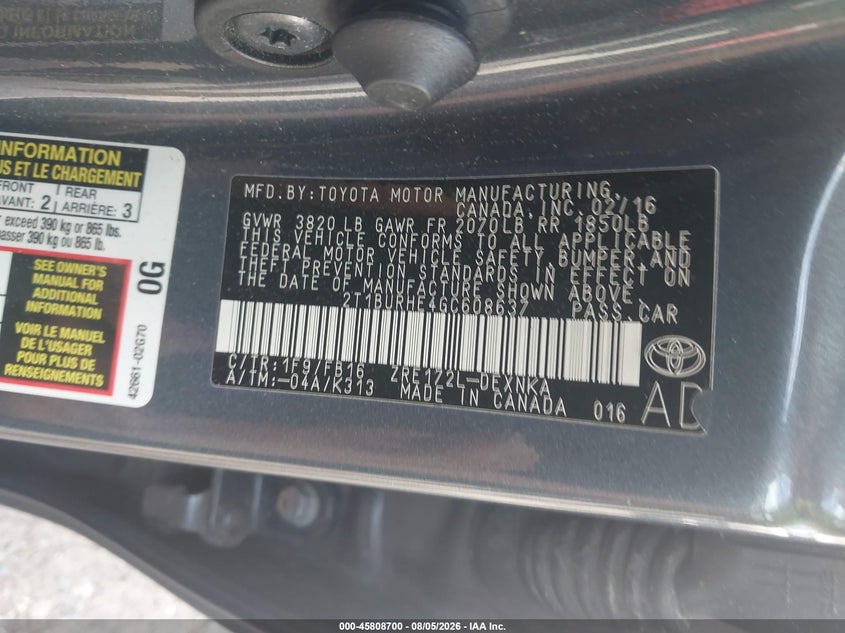 TOYOTA COROLLA 2016 VIN 2T1BURHE4GC608637