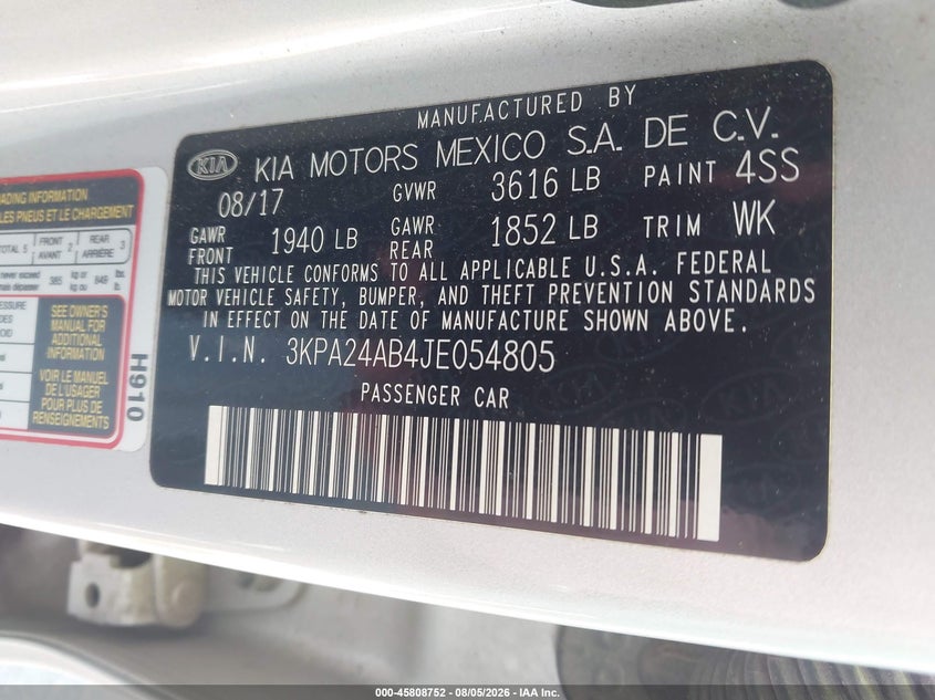 KIA RIO 2018 VIN 3KPA24AB4JE054805