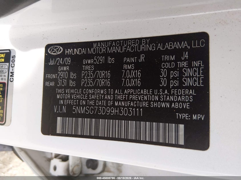 HYUNDAI SANTA FE 2009 VIN 5NMSG73D99H303111