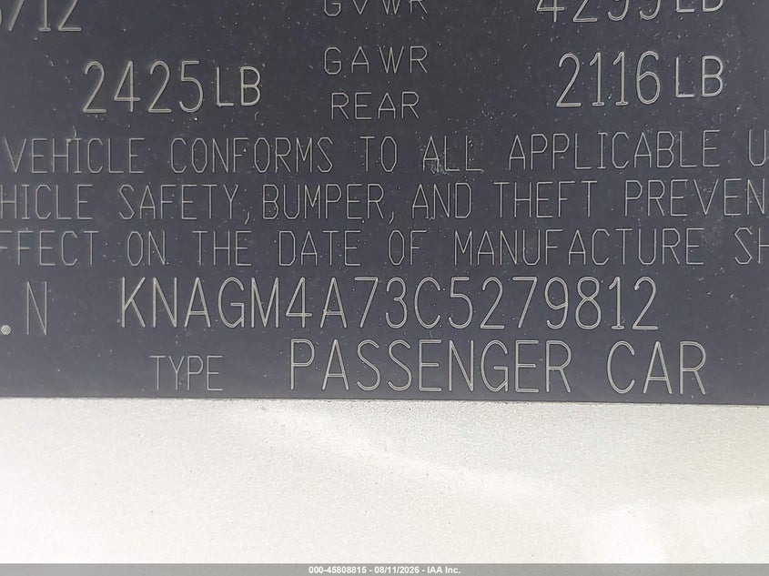 KIA OPTIMA 2012 VIN KNAGM4A73C5279812