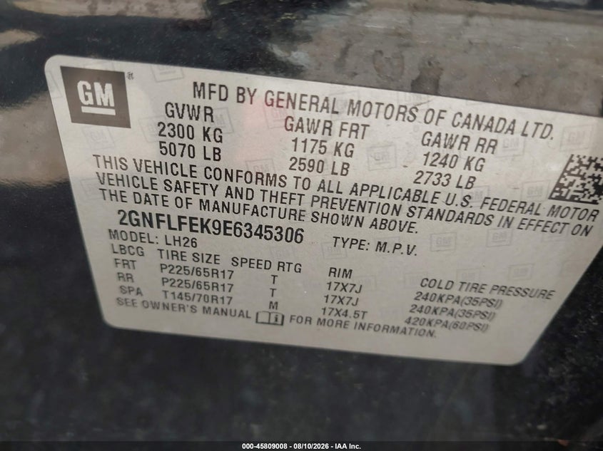 CHEVROLET EQUINOX 2014 VIN 2GNFLFEK9E6345306