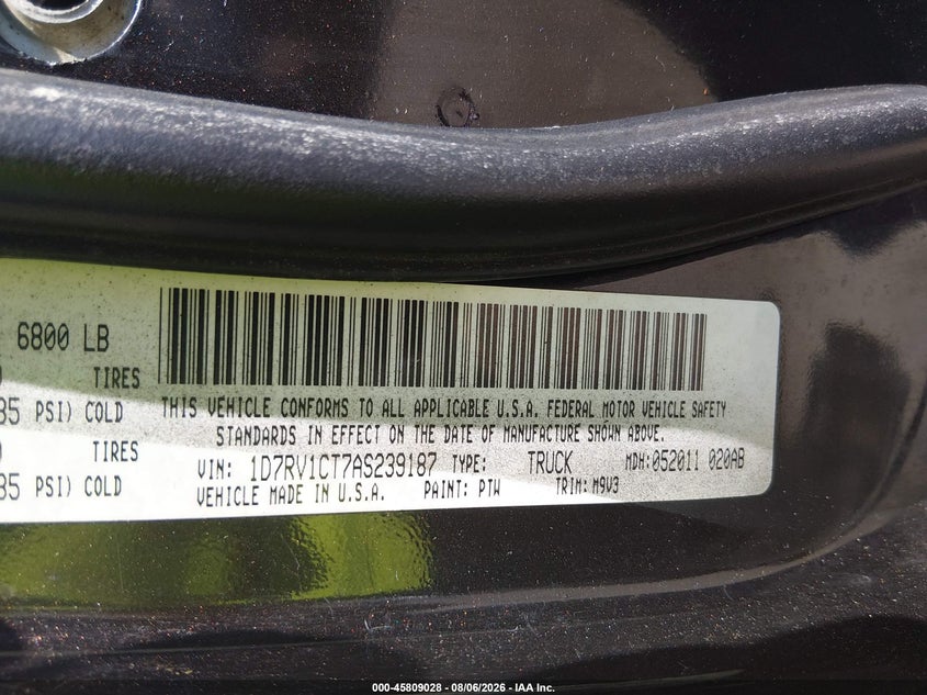DODGE RAM 1500 2010 VIN 1D7RV1CT7AS239187