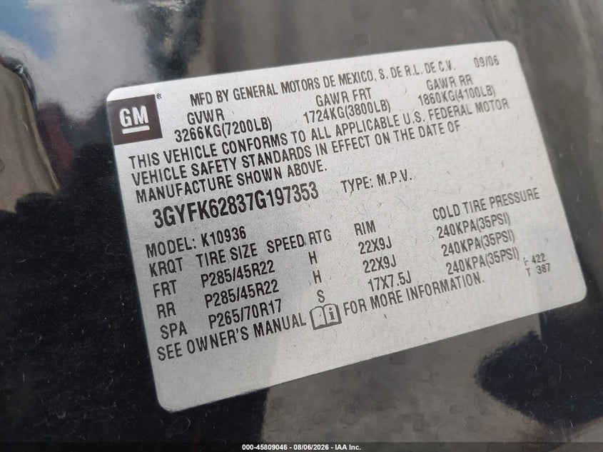 CADILLAC ESCALADE EXT 2007 VIN 3GYFK62837G197353