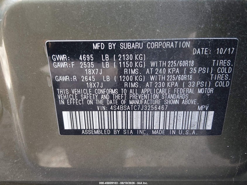 2018 SUBARU OUTBACK SPORT UTILITY VEHICLE 2.5L H-4 DOHC, VVT, 175HP