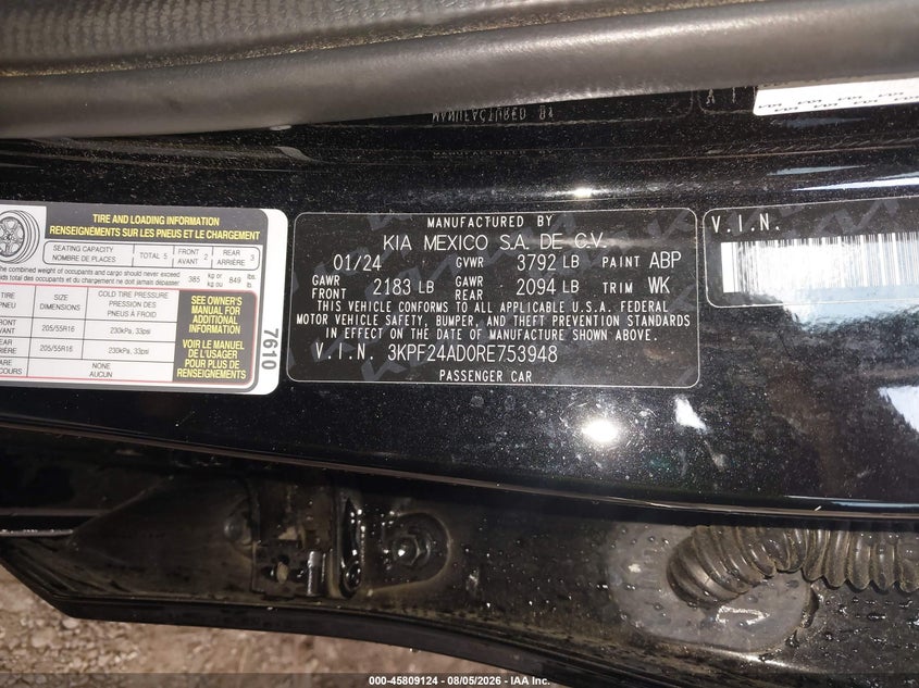KIA FORTE 2024 VIN 3KPF24AD0RE753948