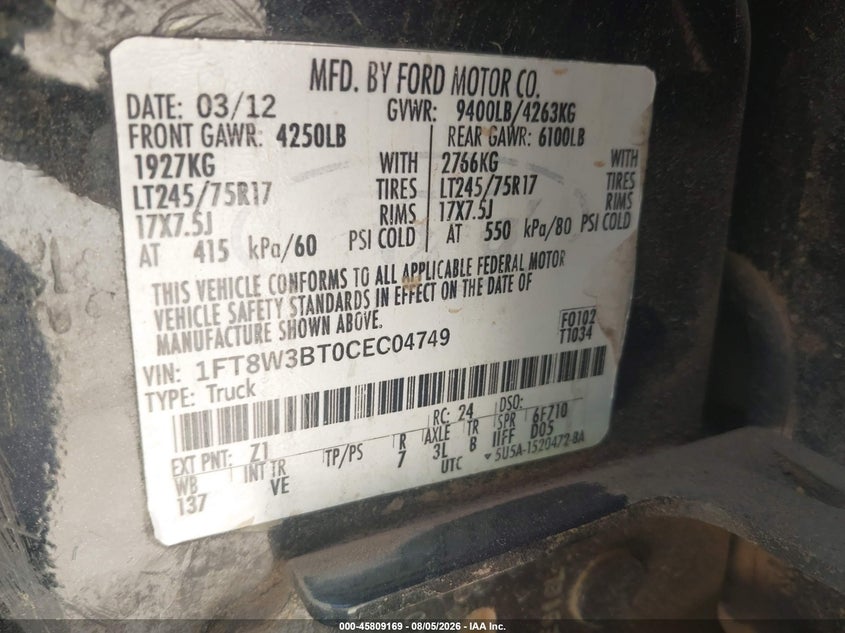 2012 FORD F-350 auction photo 8