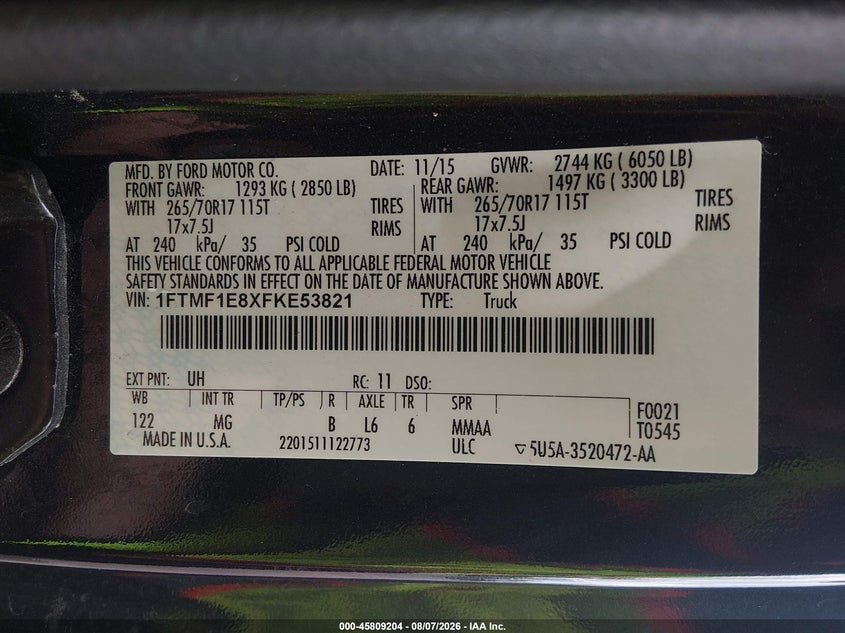 2015 FORD F-150 TRUCK 3.5L V-6 DOHC, VVT, 282HP