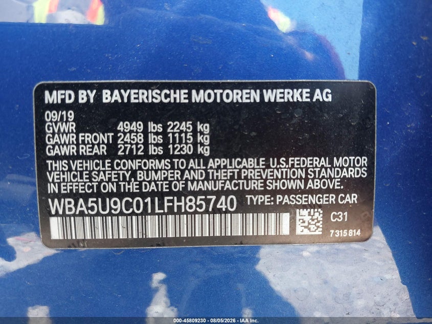 BMW M340I 2020 VIN WBA5U9C01LFH85740