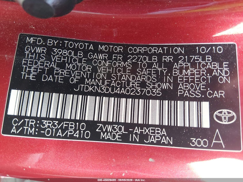 TOYOTA PRIUS 2010 VIN JTDKN3DU4A0237035