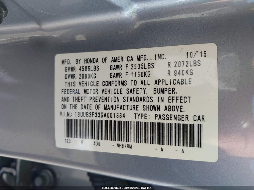 2016 ACURA TLX SEDAN 3.5L V-6 DI, VVT, 290HP