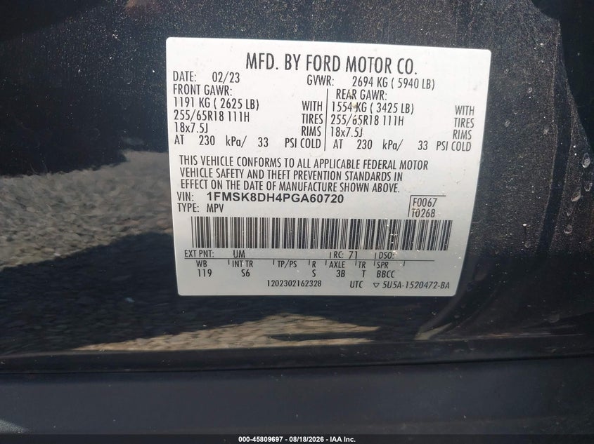FORD EXPLORER 2023 VIN 1FMSK8DH4PGA60720