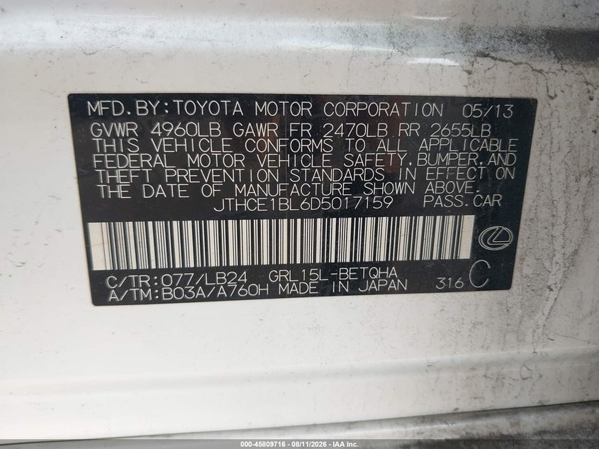 LEXUS GS 350 2013 VIN JTHCE1BL6D5017159