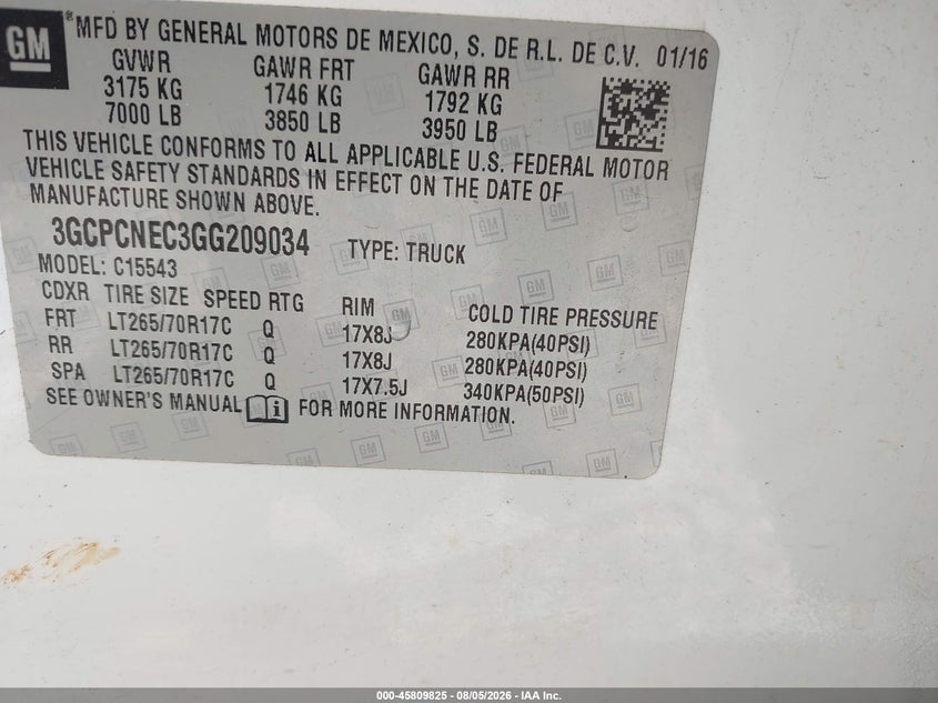 CHEVROLET SILVERADO 1500 2016 VIN 3GCPCNEC3GG209034