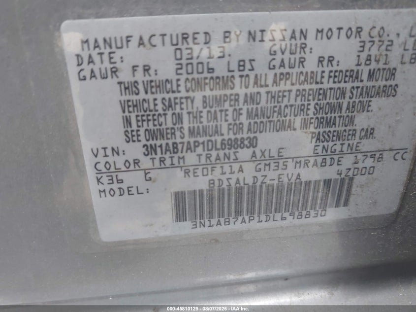 2013 NISSAN SENTRA SEDAN 1.8L I-4 DOHC, VVT, 130HP