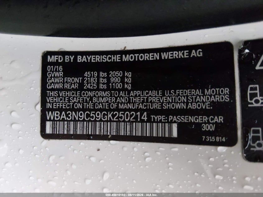 BMW 428I 2016 VIN WBA3N9C59GK250214