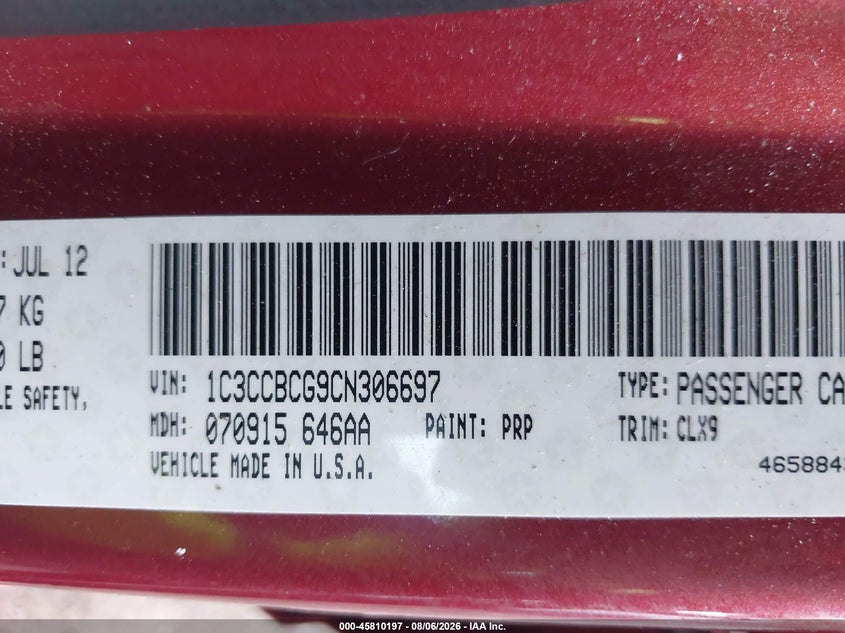 CHRYSLER 200 2012 VIN 1C3CCBCG9CN306697