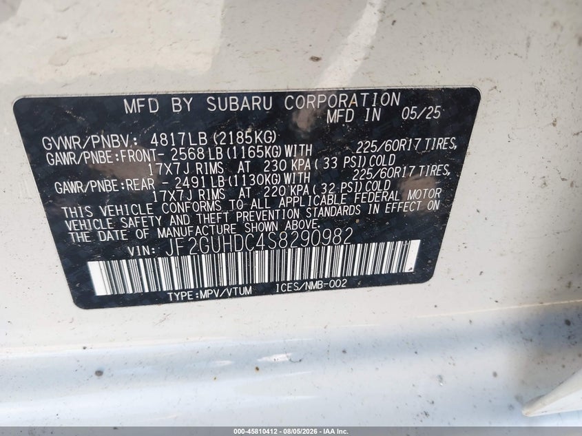 SUBARU CROSSTREK 2025 VIN JF2GUHDC4S8290982