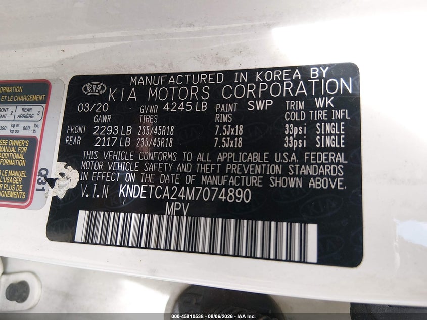 KIA SELTOS 2021 VIN KNDETCA24M7074890