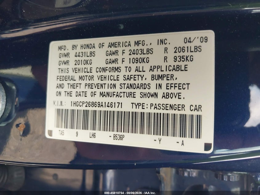 HONDA ACCORD 2009 VIN 1HGCP26869A146171