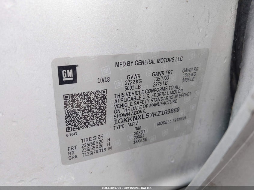 GMC ACADIA 2019 VIN 1GKKNXLS7KZ169869