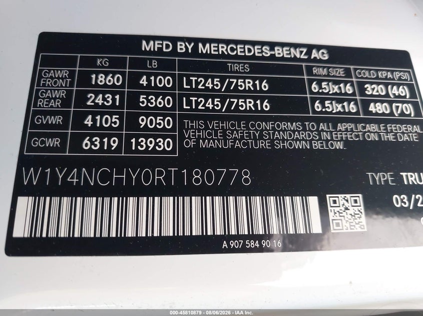 MERCEDES-BENZ SPRINTER 2500 2024 VIN W1Y4NCHY0RT180778