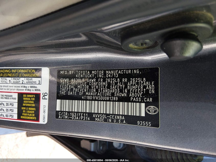 TOYOTA CAMRY HYBRID 2013 VIN 4T1BD1FK5DU081289