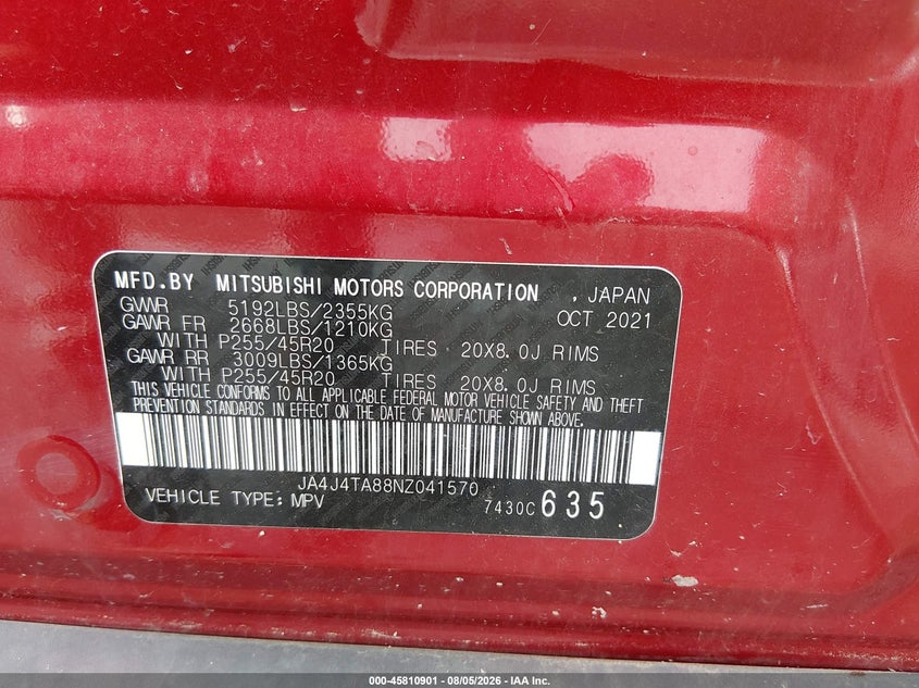 MITSUBISHI OUTLANDER 2022 VIN JA4J4TA88NZ041570