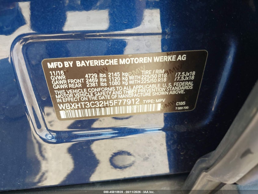 BMW X1 2017 VIN WBXHT3C32H5F77912