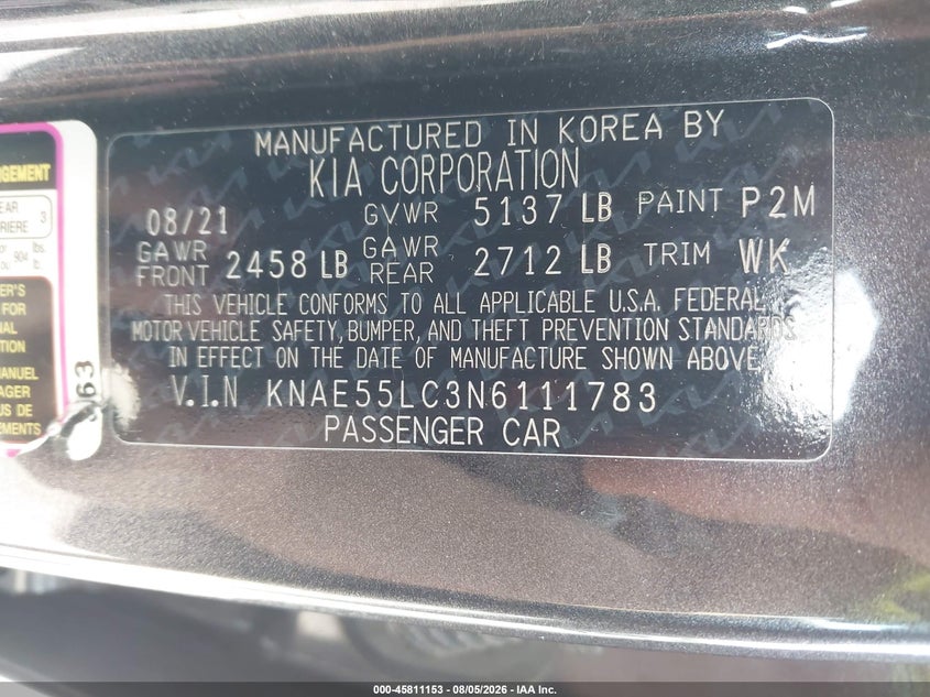 KIA STINGER 2022 VIN KNAE55LC3N6111783