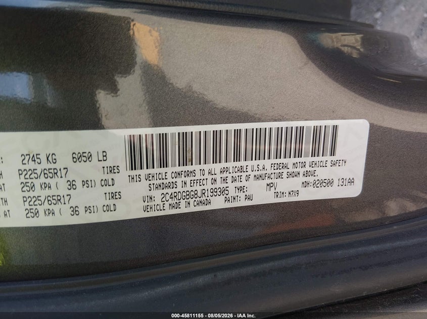 DODGE GRAND CARAVAN 2018 VIN 2C4RDGBG8JR199305