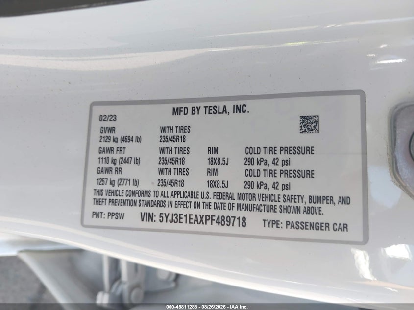 TESLA MODEL 3 2023 VIN 5YJ3E1EAXPF489718