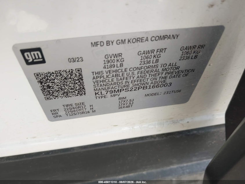 CHEVROLET TRAILBLAZER 2023 VIN KL79MPS22PB166003