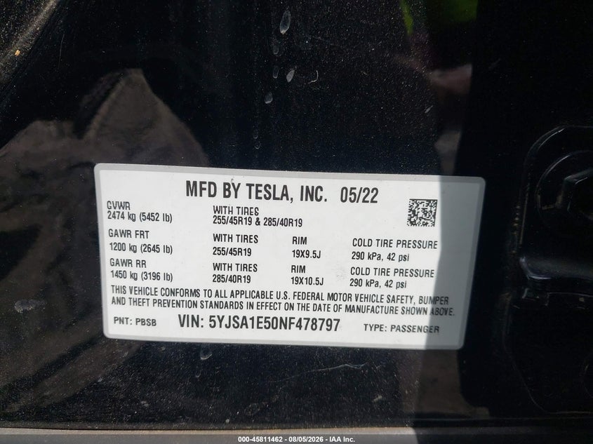 TESLA MODEL S 2022 VIN 5YJSA1E50NF478797