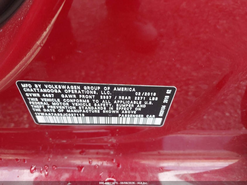 VOLKSWAGEN PASSAT 2018 VIN 1VWAA7A33JC027113