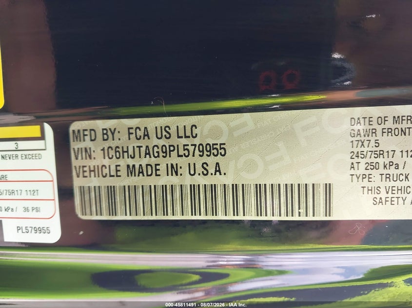 JEEP GLADIATOR 2023 VIN 1C6HJTAG9PL579955