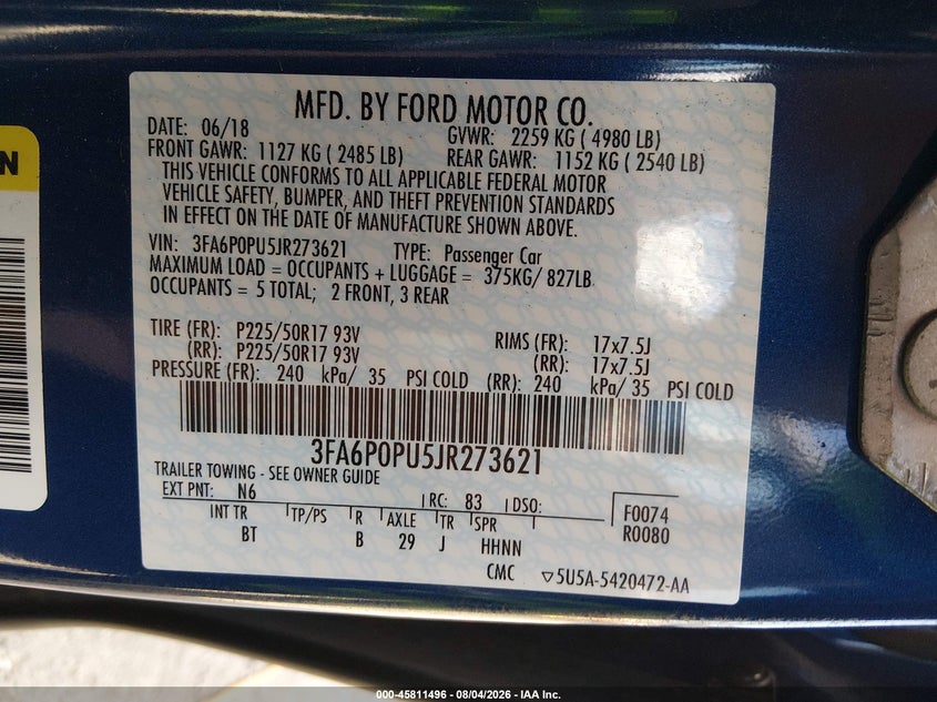 2018 FORD FUSION SEDAN 2.0L I-4 DOHC, VVT, 141HP