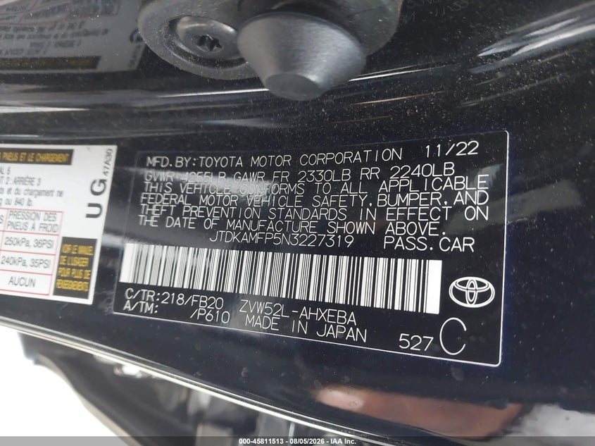 TOYOTA PRIUS PRIME 2022 VIN JTDKAMFP5N3227319