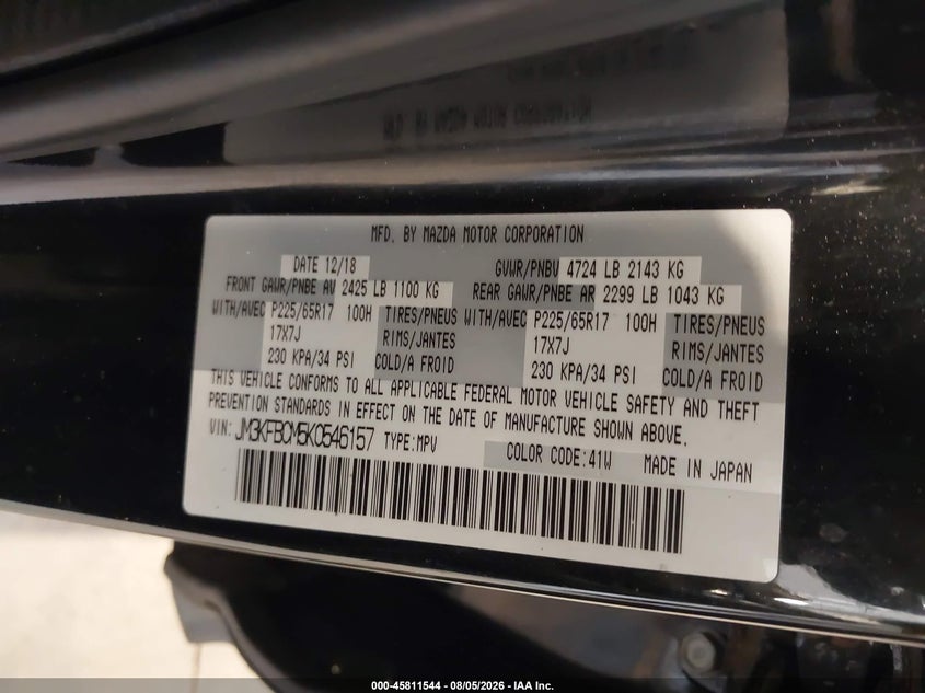 MAZDA CX-5 2019 VIN JM3KFBCM5K0546157