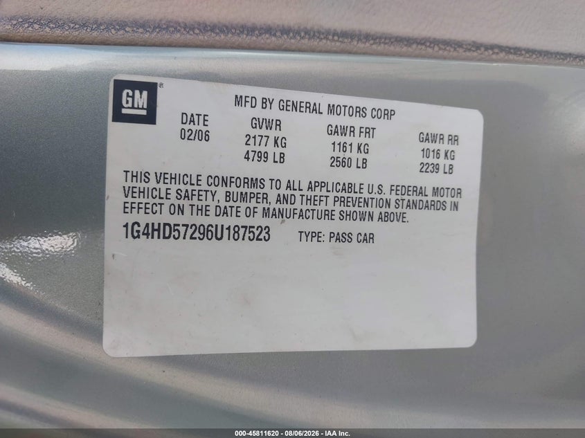 BUICK LUCERNE 2006 VIN 1G4HD57296U187523
